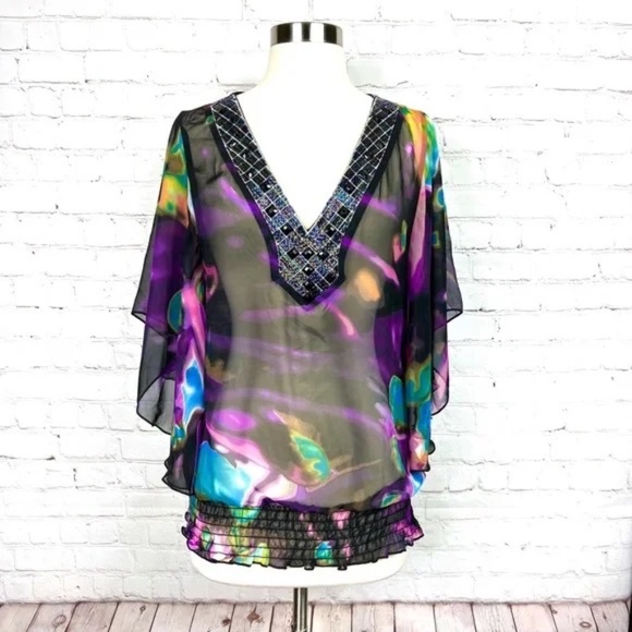 🔥2/$10 Like New |•STUDIO Y•| Colorful Bejeweled Semi Sheer V-neck Top Size S - Picture 1 of 13